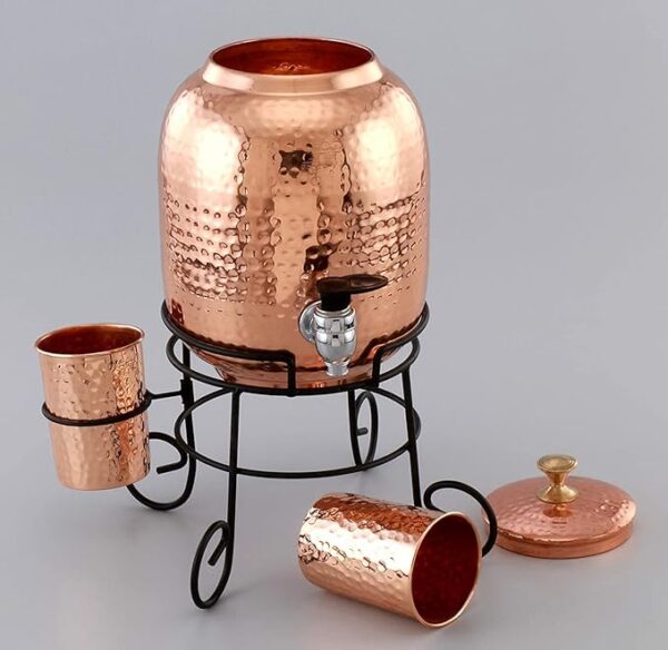 Decorative India 5 Liter Hammered Copper Water Dispenser With 2 Glass & Stand