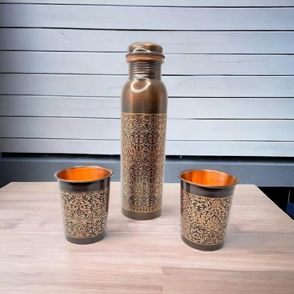 New Design Pure Copper Bottle with 2 Glass Gift Set (Antique Itching Regular)