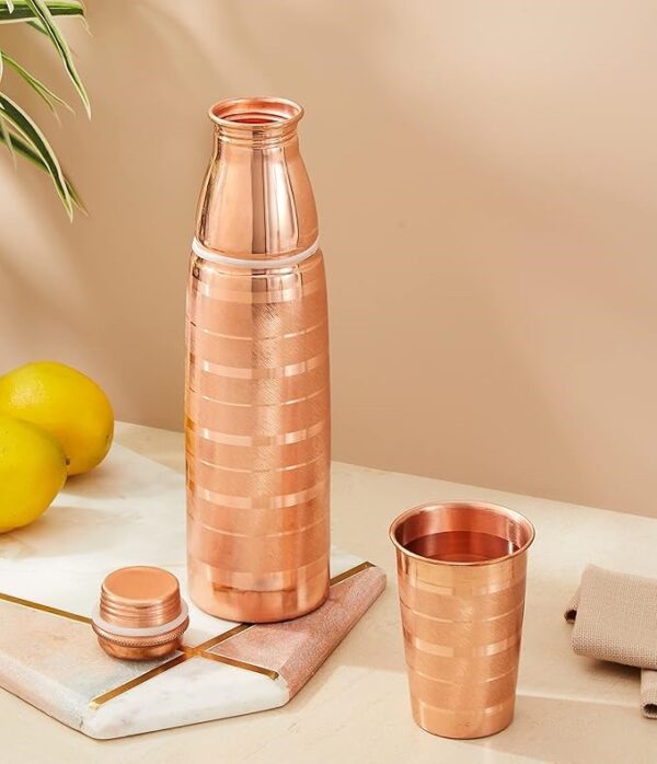 Pure Copper Water Bottle Set With Glass | 100 % Copper Lining | 950 ML