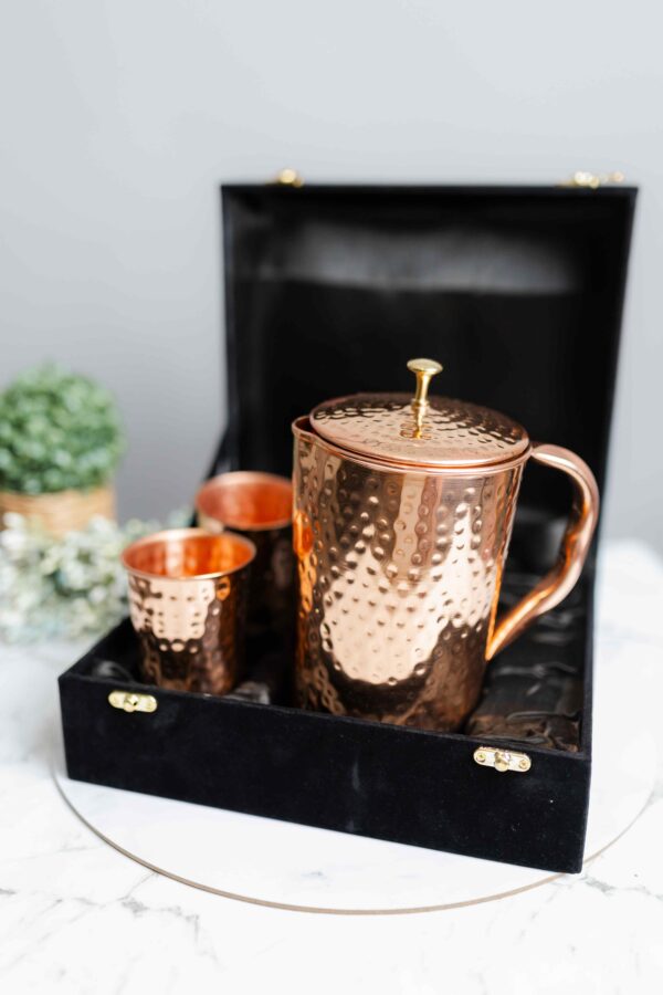 Pure Copper Hammer Jug & 2 Glass With Black (Gift - Box)