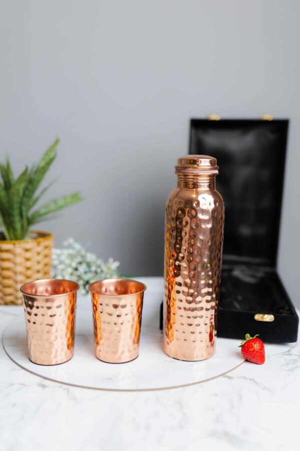 Hammered Pure Copper Water Bottle | Tumbler - Gift Set (With Box)