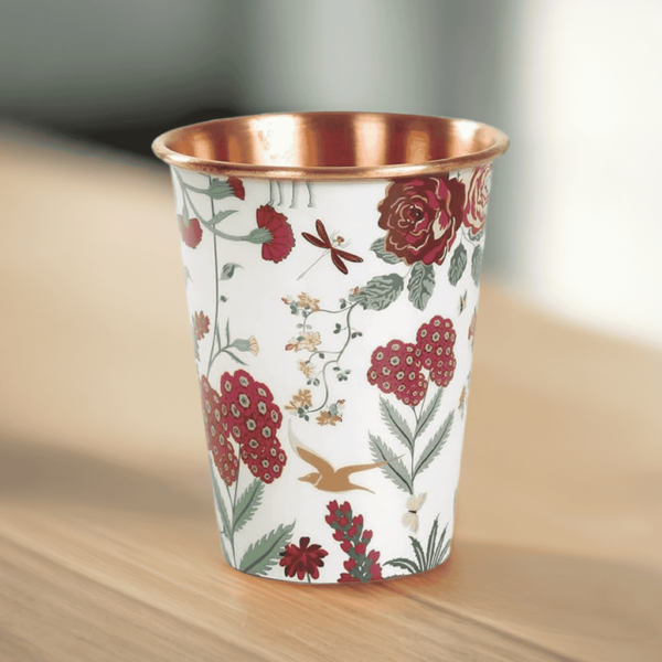 Pure Copper Glass With White Floral Enamel Printed Design