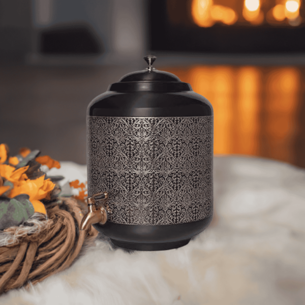 Customized Black Etching Design Pure Copper Carving Water Dispenser Matka 11 Litre Capacity
