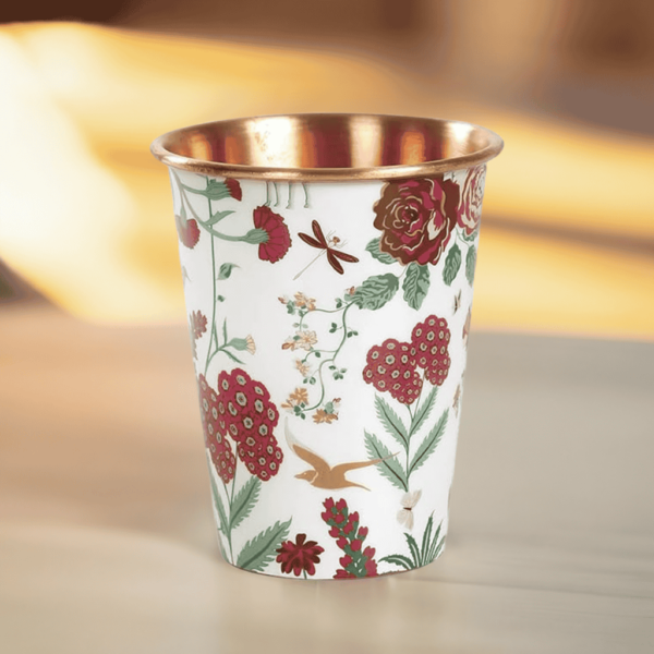 Pure Copper Glass With White Floral Enamel Printed Design