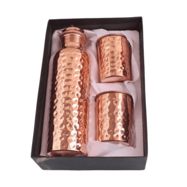 Hammered Pure Copper Water Bottle with Two Tumbler Gift Set Box