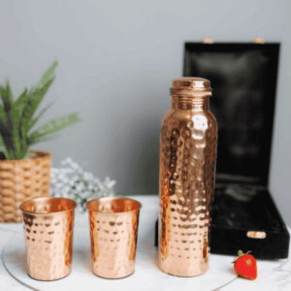 Hammered Pure Copper Water Bottle with Two Tumbler Gift Set Box
