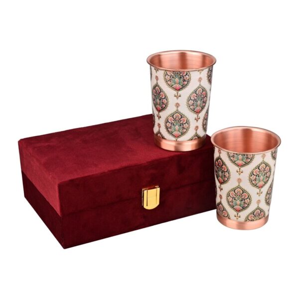 Copper Carving Royal Gold Peacock Design Glass Set of 2 with Premium Gift Box 250 ML
