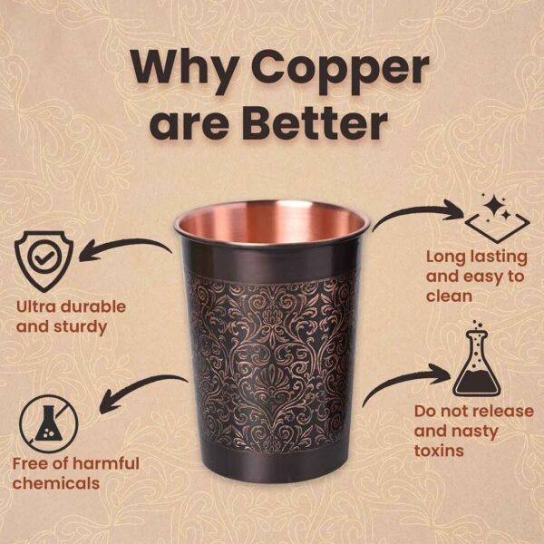 Pure Copper Tumblers with Antique Finish and Etching for Drinking Water (Set of 6)