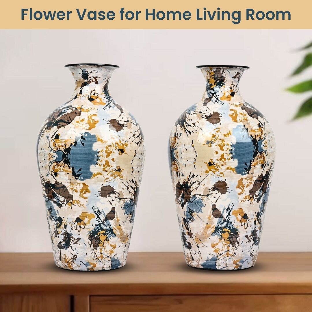 Metal Flower Vase for Indoor Outdoor Living Room Office Set of 2 Vintage Antique Home Decor, Artificial Flower Metal Vase