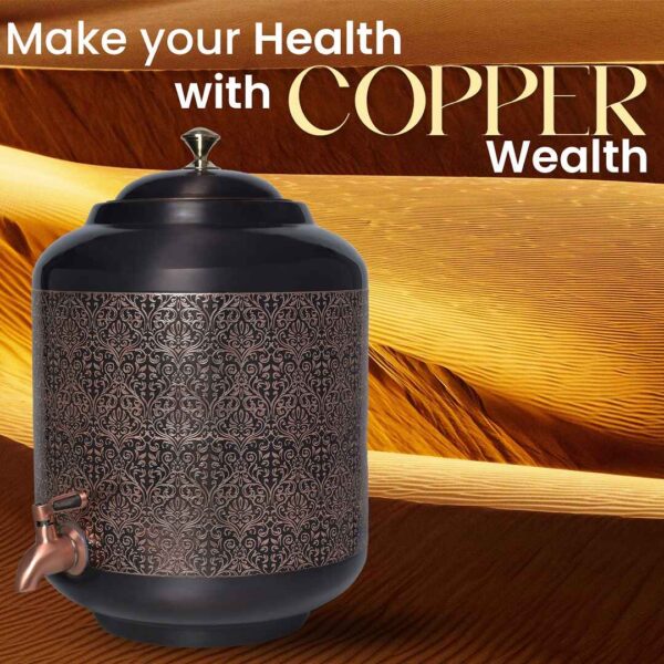 Customized Black Etching Design Pure Copper Carving Water Dispenser Matka 11 Litre Capacity