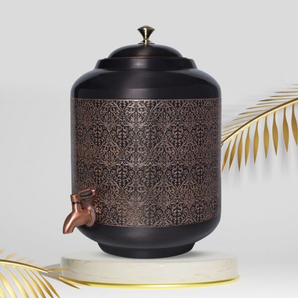 Customized Black Etching Design Pure Copper Carving Water Dispenser Matka 11 Litre Capacity
