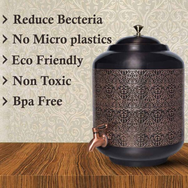 Customized Black Etching Design Pure Copper Carving Water Dispenser Matka 11 Litre Capacity