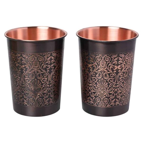 Pure Copper Tumblers with Antique Finish and Etching for Drinking Water (Set of 6)