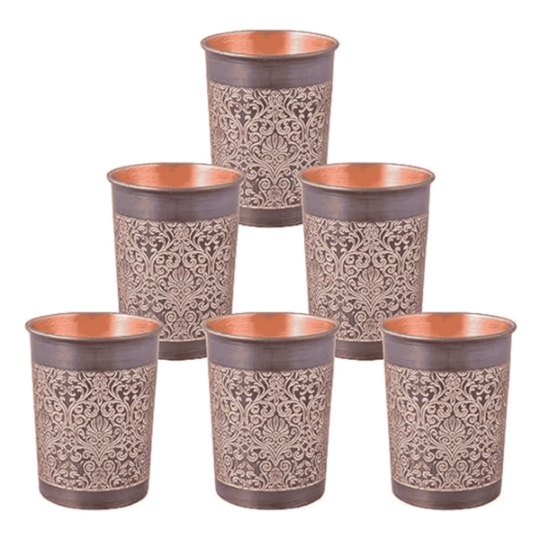 Pure Copper Tumblers with Antique Finish and Etching for Drinking Water (Set of 6)