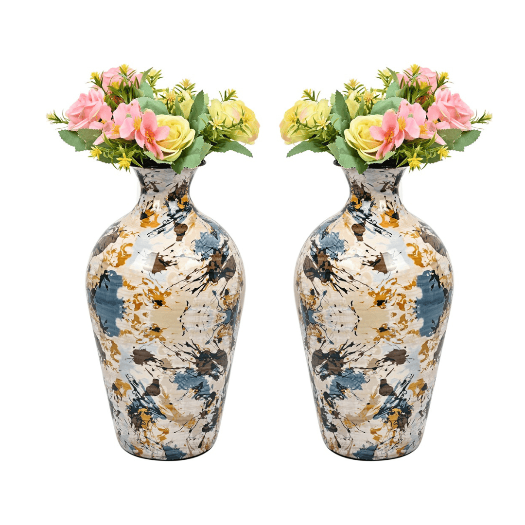Metal Flower Vase for Indoor Outdoor Living Room Office Set of 2 Vintage Antique Home Decor, Artificial Flower Metal Vase