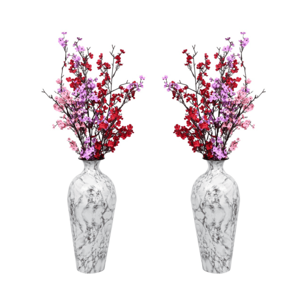 Tall White Metal Flower Vase Set of 2 - Indoor Outdoor Artificial Flower Pot for Decoration