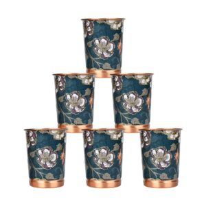 Copper Water Glass with Green Printed Design Set of 6 BPA Free & Leakproof for Daily Home and Office Use 250ML
