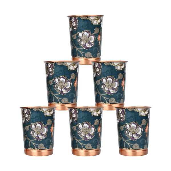 Copper Water Glass with Green Printed Design Set of 6 BPA Free & Leakproof for Daily Home and Office Use 250ML