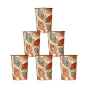 Copper Yellow Printed Glass Set of 6 with Leak Proof Protection & Anti-Oxidant Properties 250ML Glass for Drinking Water