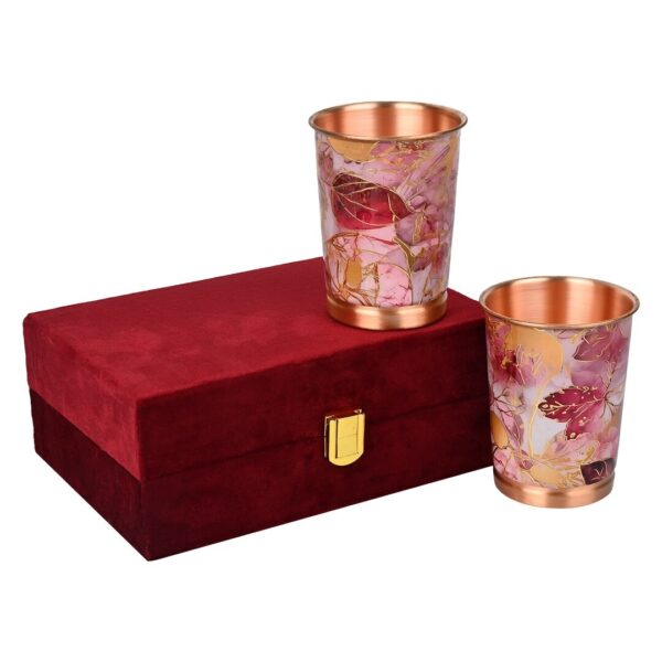 Decorative India Copper Glass Set of 2 Premium Pink Gold Leaf Design with Elegant Red Gift Box 250 ML