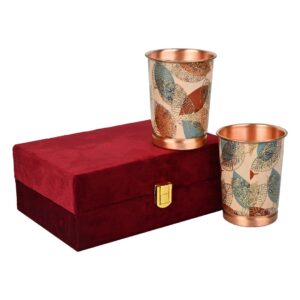 Decorative India Premium Copper Glass Set of 2 Yellow Gold Leaf Design with Luxury Gift Box 250 ML