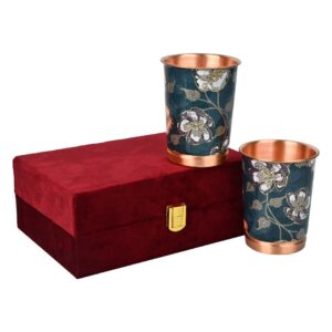Green Gold Leaf Design Premium Copper Water Glass Set of 2 with Luxury Red Gift Box Pack 250 ML