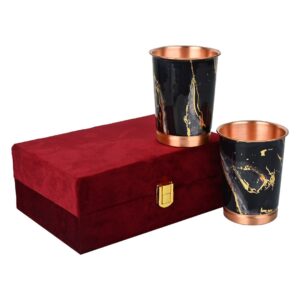 Premium Copper Water Glass Set of 2 Black Gold Finish with Elegant Red Gift Box Pack 250 ML