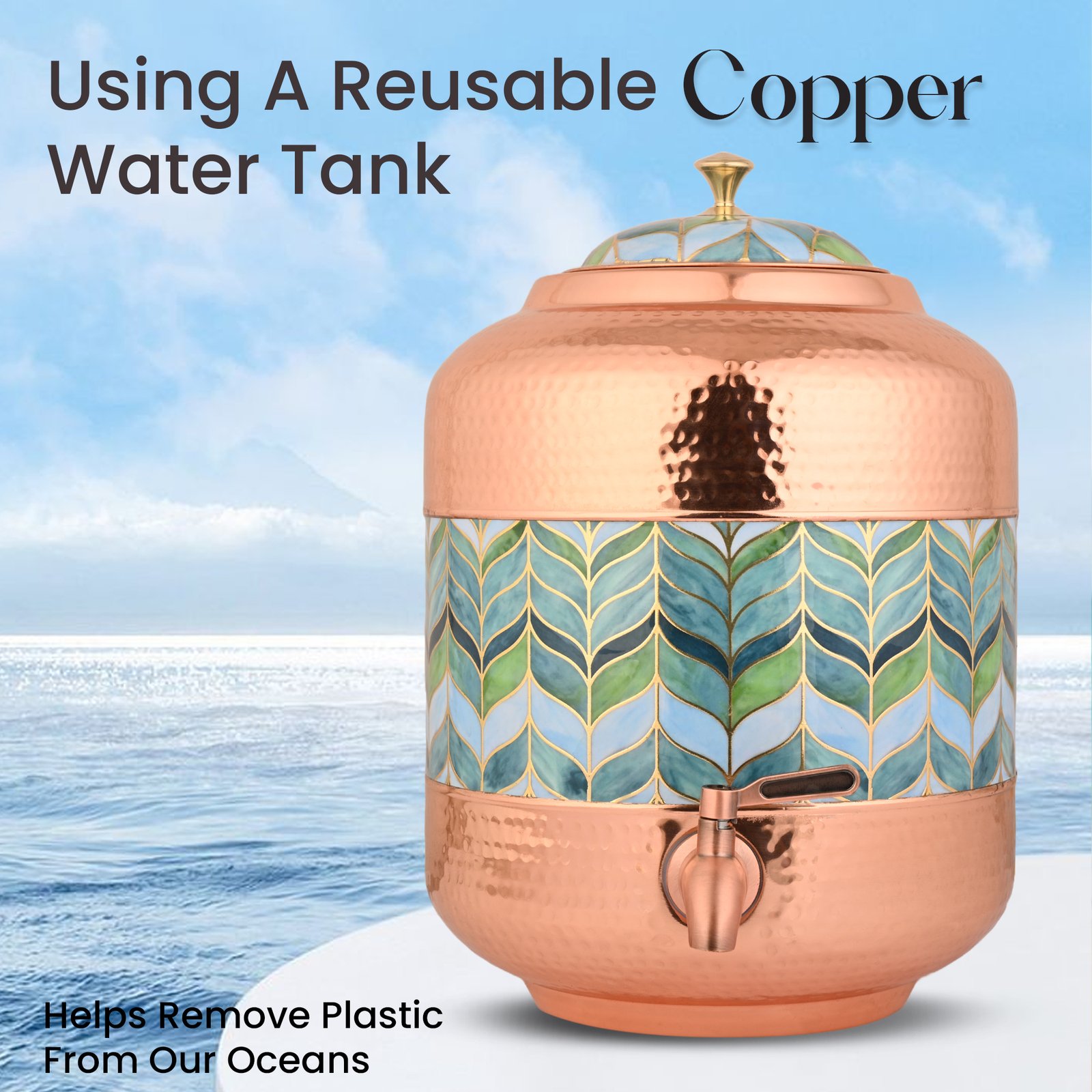 Copper Water Dispenser Hammered Carved Matka 11 Litre Container Pot with Royal Grewn Design - Image 4