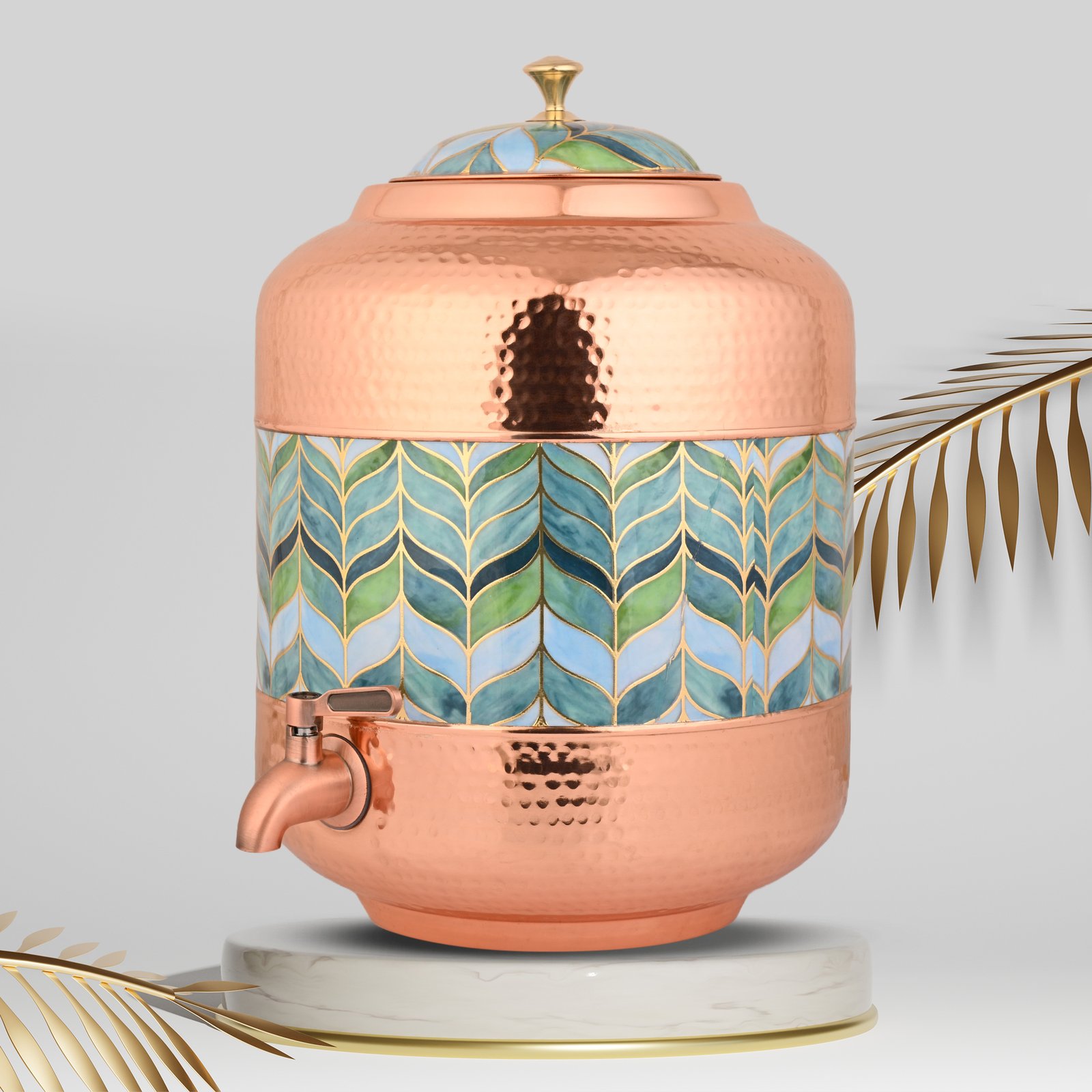 Copper Water Dispenser Hammered Carved Matka 11 Litre Container Pot with Royal Grewn Design