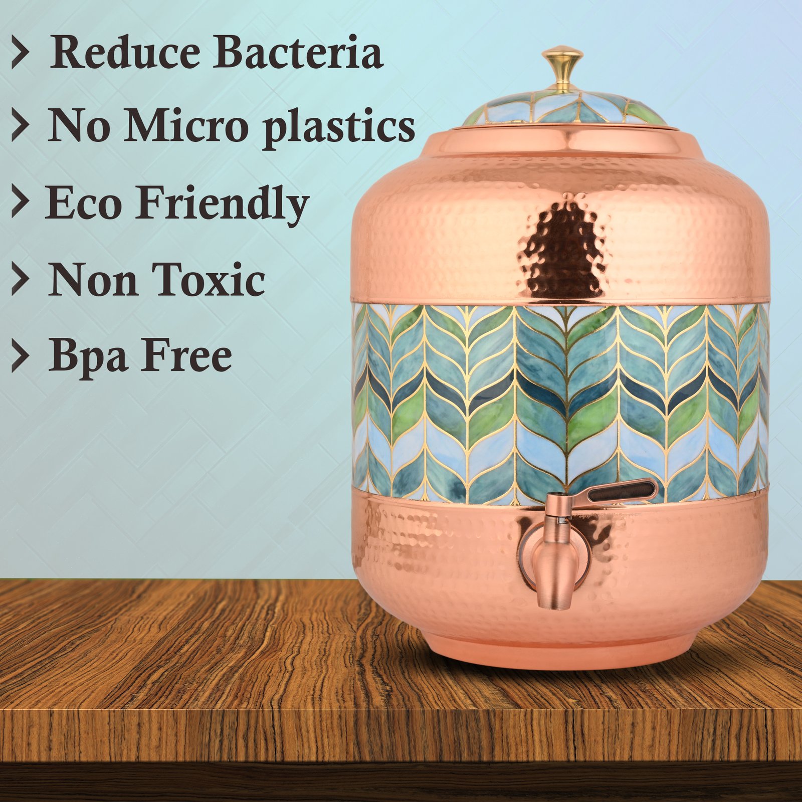 Copper Water Dispenser Hammered Carved Matka 11 Litre Container Pot with Royal Grewn Design - Image 3