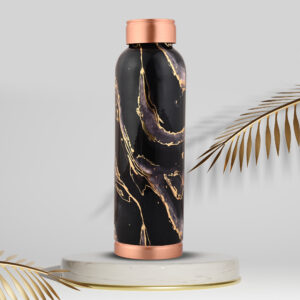 Premium Copper Water Bottle With Black Gold Design Enameled Finish 1 Litre Leak Proof Protection