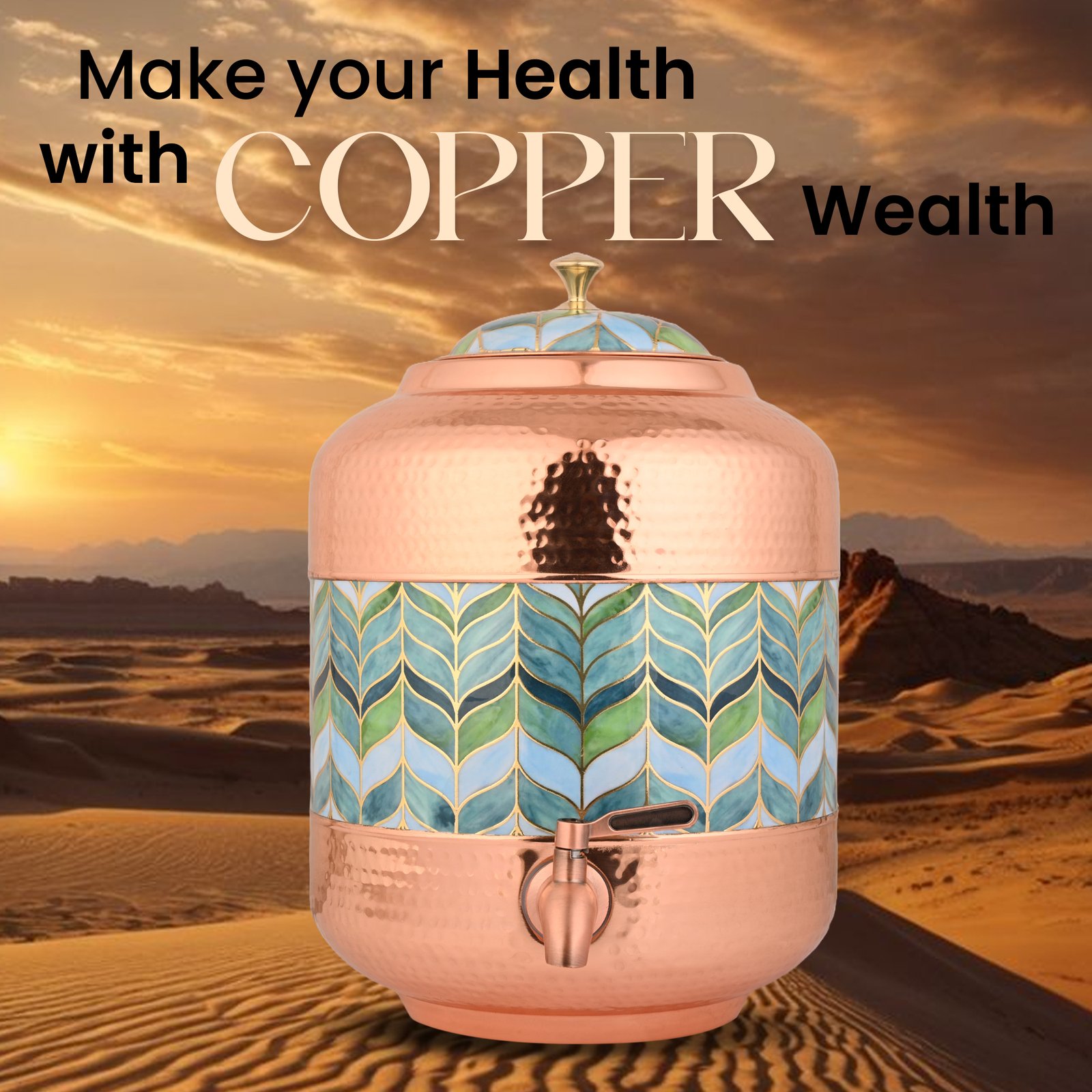 Copper Water Dispenser Hammered Carved Matka 11 Litre Container Pot with Royal Grewn Design - Image 6