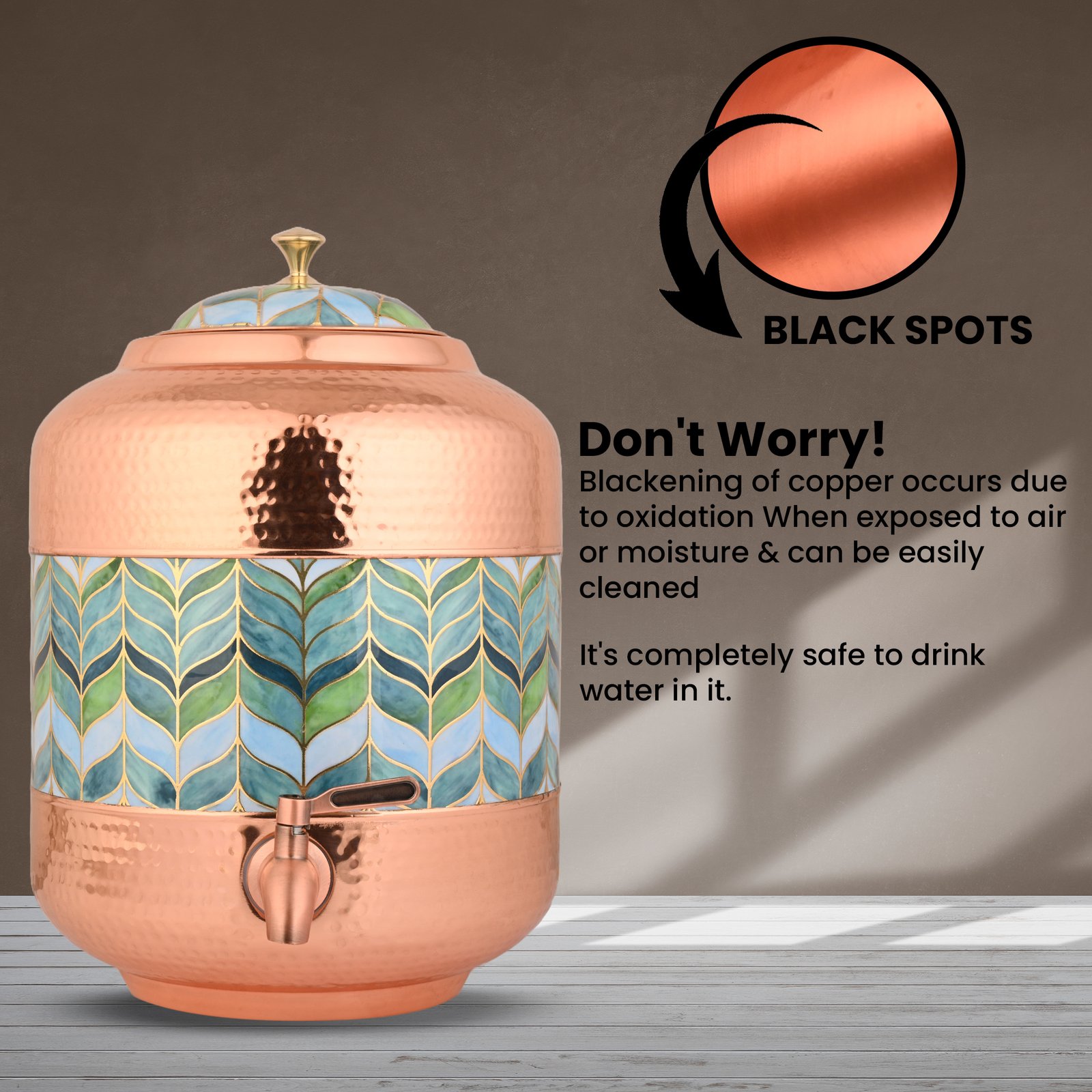 Copper Water Dispenser Hammered Carved Matka 11 Litre Container Pot with Royal Grewn Design - Image 5
