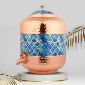 Copper Water Dispenser Hammered Carved Matka 11 Litre Container Pot with Blue Design