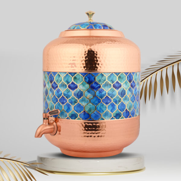 Copper Water Dispenser Hammered Carved Matka 11 Litre Container Pot with Blue Design