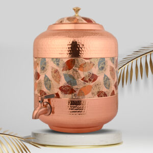 Copper Water Dispenser Hammered Carved Matka 11 Liter Container Pot with Royal Yellow Design