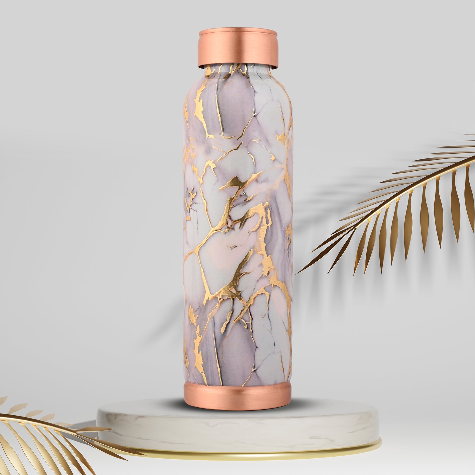 Premium Copper Water Bottle With White Gold Design Enameled Finish 1 Liter Leak Proof Protection