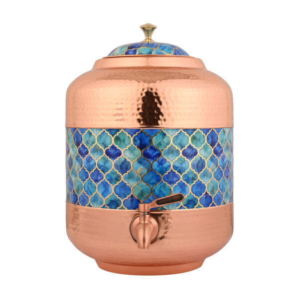 Copper Water Dispenser Hammered Carved Matka 11 Litre Container Pot with Blue Design - Image 2