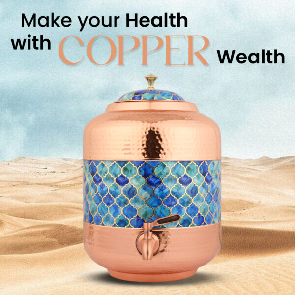 Copper Water Dispenser Hammered Carved Matka 11 Litre Container Pot with Blue Design - Image 5