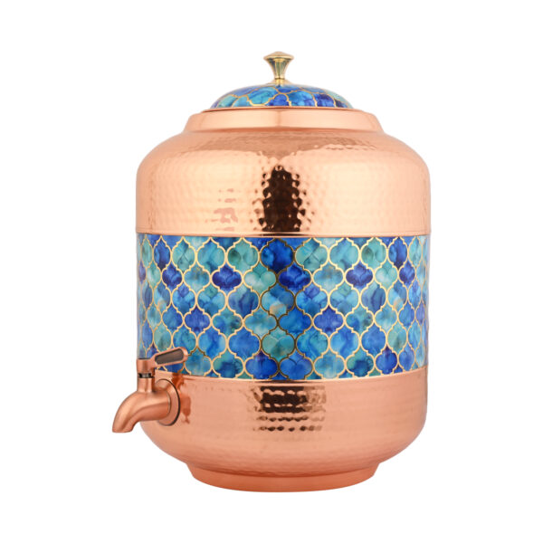 Copper Water Dispenser Hammered Carved Matka 11 Litre Container Pot with Blue Design - Image 3