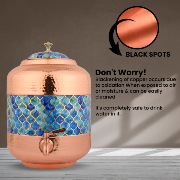 Copper Water Dispenser Hammered Carved Matka 11 Litre Container Pot with Blue Design - Image 4