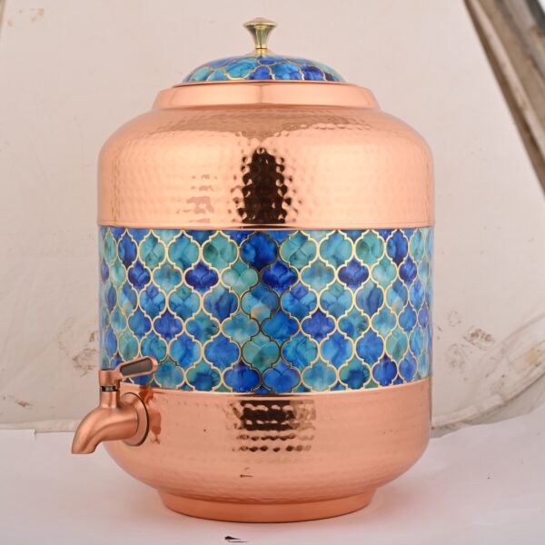 Copper Water Dispenser Hammered Carved Matka 11 Litre Container Pot with Blue Design - Image 6