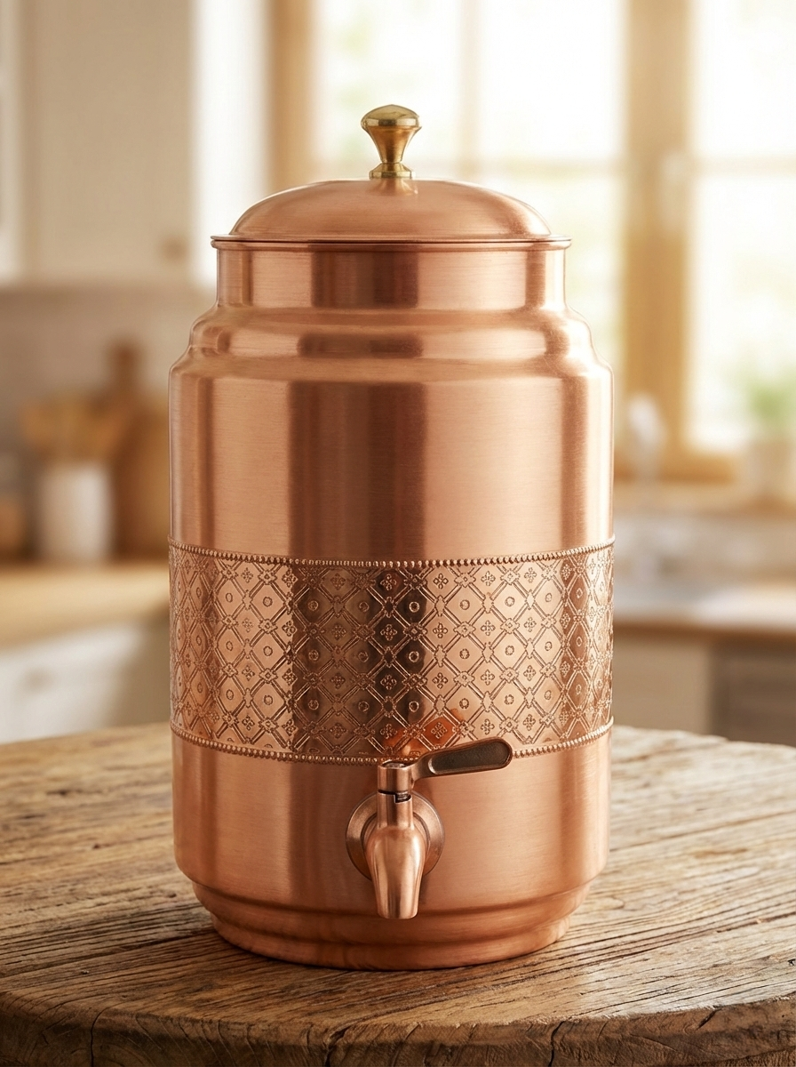 Copper Water Dispenser Etching Carving Matka 5 Liter Container Pot with Matt Finish Design - Image 3