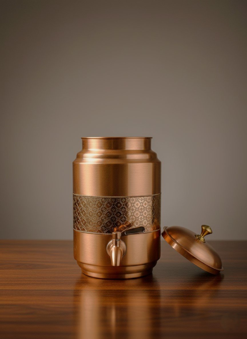 Copper Water Dispenser Etching Carving Matka 5 Liter Container Pot with Matt Finish Design - Image 2