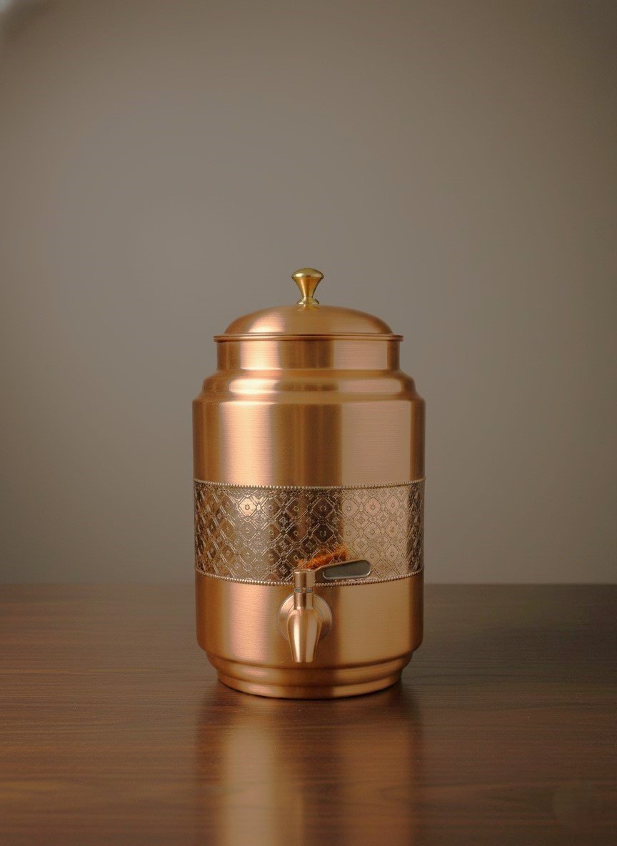Copper Water Dispenser Etching Carving Matka 5 Liter Container Pot with Matt Finish Design
