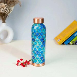 Premium Copper Water Bottle With Royal Blue Gold Design Enameled Finish 1 Liter Leak Proof Protection