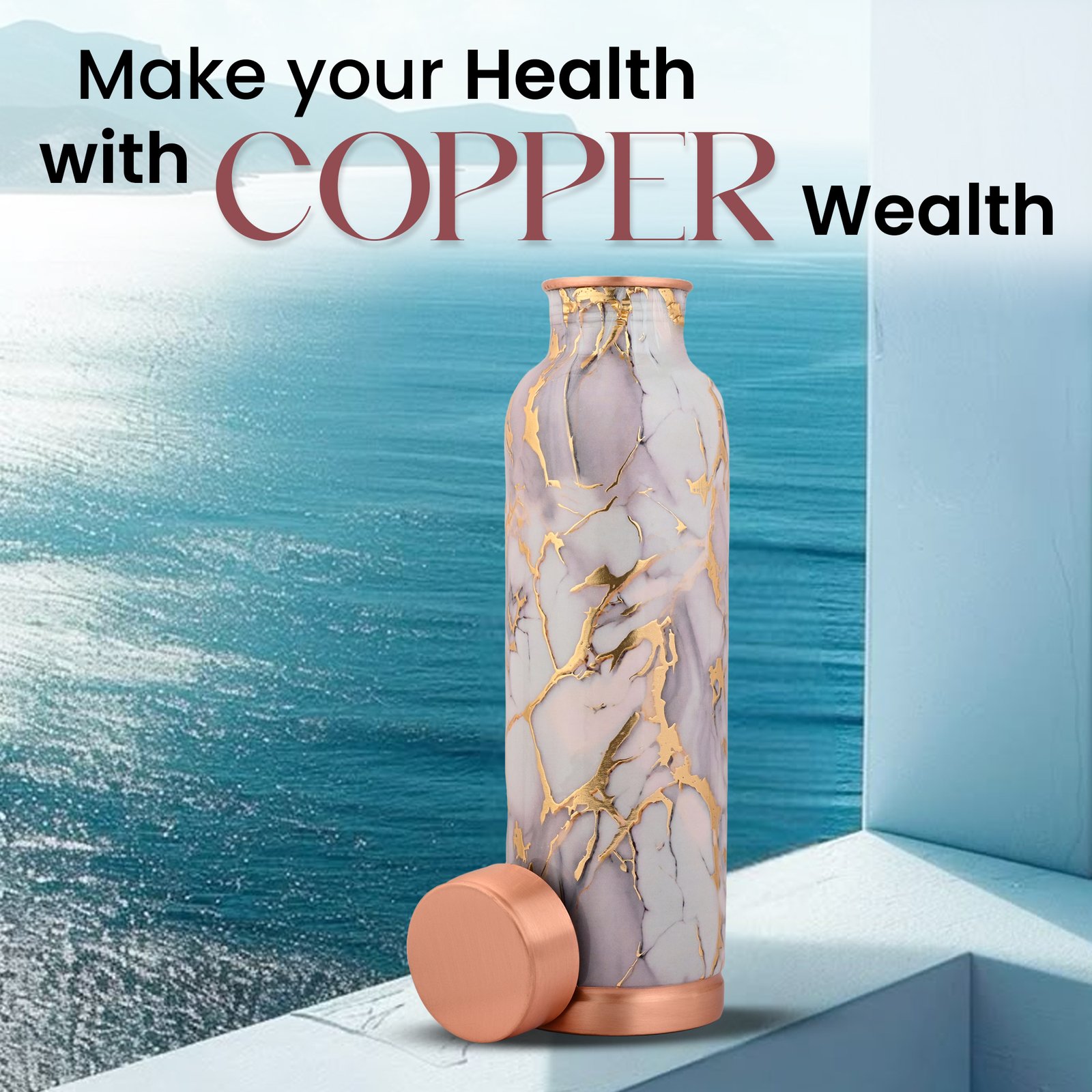 Premium Copper Water Bottle With White Gold Design Enameled Finish 1 Liter Leak Proof Protection - Image 6