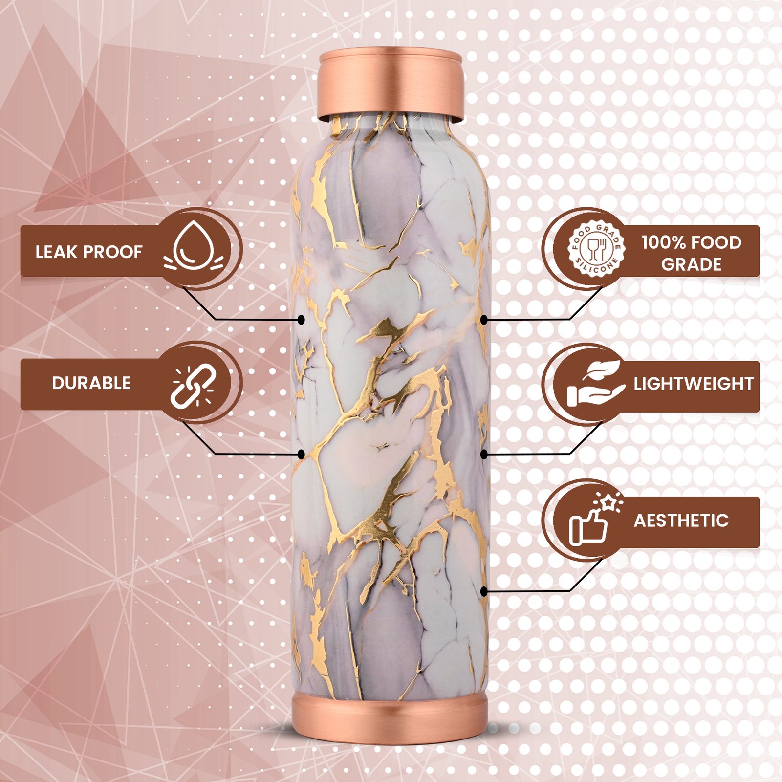 Premium Copper Water Bottle With White Gold Design Enameled Finish 1 Liter Leak Proof Protection - Image 7