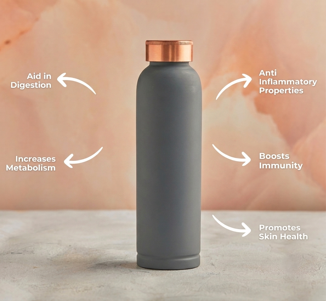 Premium Copper Water Bottle With Gray Color Design 1 Liter Leak Proof Protection - Image 3