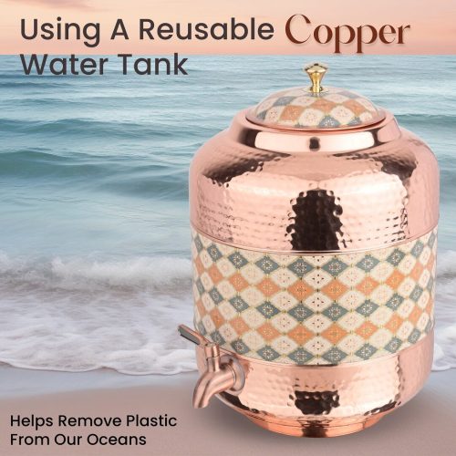 Copper Water Dispenser Hammered Carved Matka 11 Litre Container Pot with Royal Gold Design
